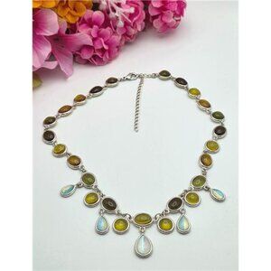 Silver Tone Simulated Opal Agate Fringe Necklace Green Iridescent Stones 18 Inch